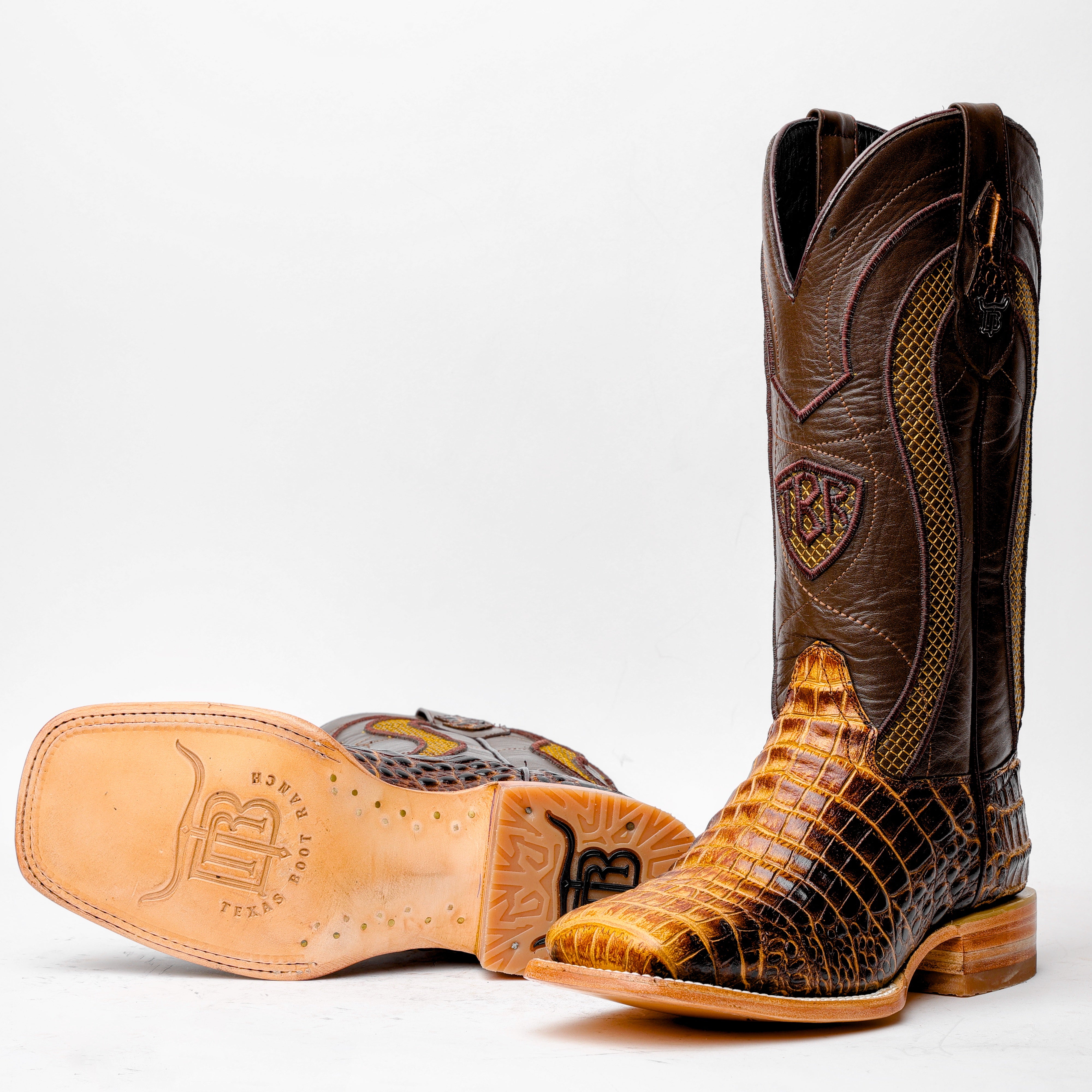 Two-Tone Caiman Belly Leather Boots - Square Toe