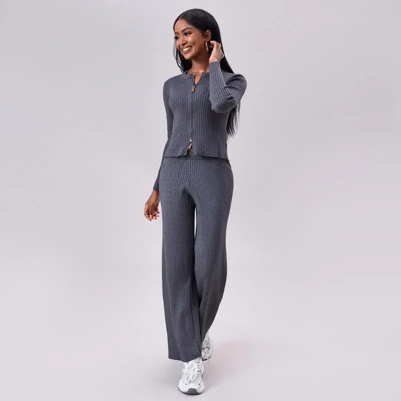 Women's Comfy Solid Color Ribbed Zip-Up Sweater & Wide Leg Trousers Co-ord