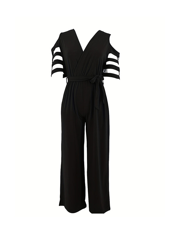 Hollow Mesh Solid Color Tied Waist High Waisted Loose V-Neck Jumpsuits