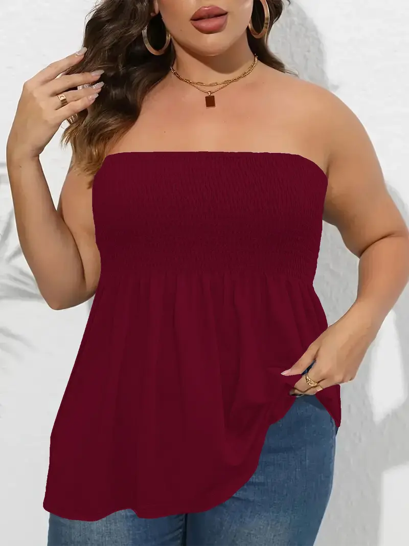 🔥🔥6 PACKS $24|Plus Size Solid Ruffle Hem Shirred Tube Top