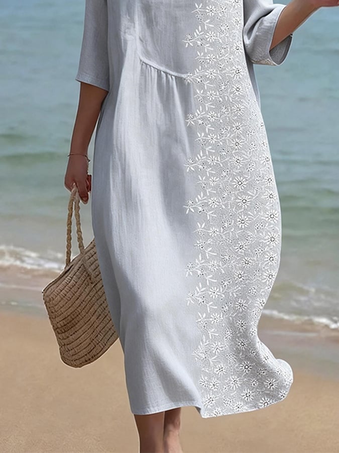 Women's Casual  Round Neck Mid Sleeve Print Cotton and Linen Dress- Fast Shipping