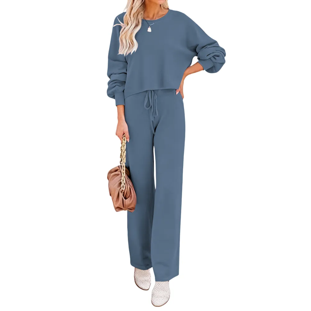 Womens Fall Winter Casual Solid Knitted 2 Piece Sets Long Sleeve Hoodie