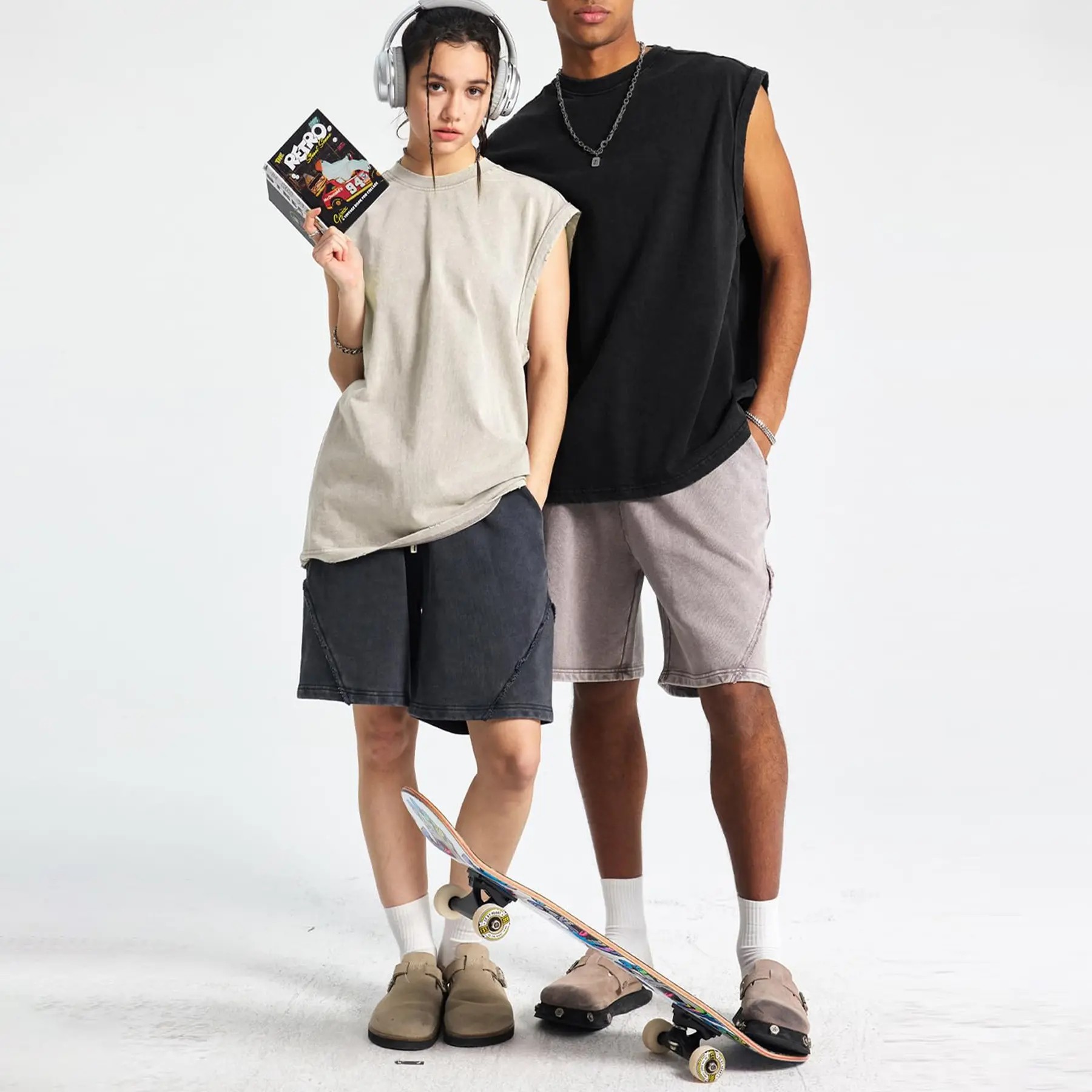 Unisex Cotton Workout Tank Tops Sleeveless Acid Wash Tshirts