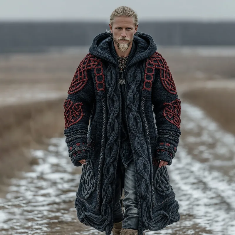 Men's Viking Intricate Celtic Knot Colorblock Pocket Mid-length Cardigan Sweater