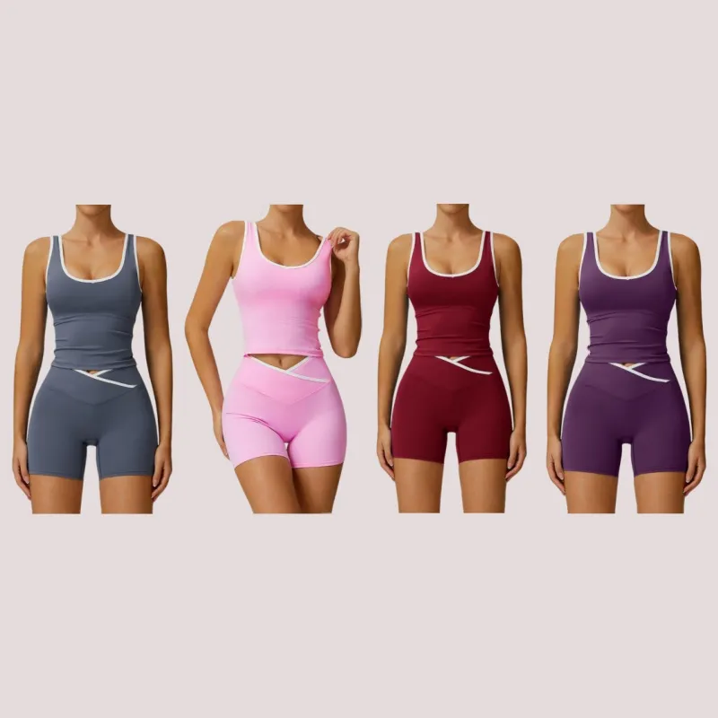 Color-Blocked Halter Crop Tube Top & Mid-Rise Shorts Set