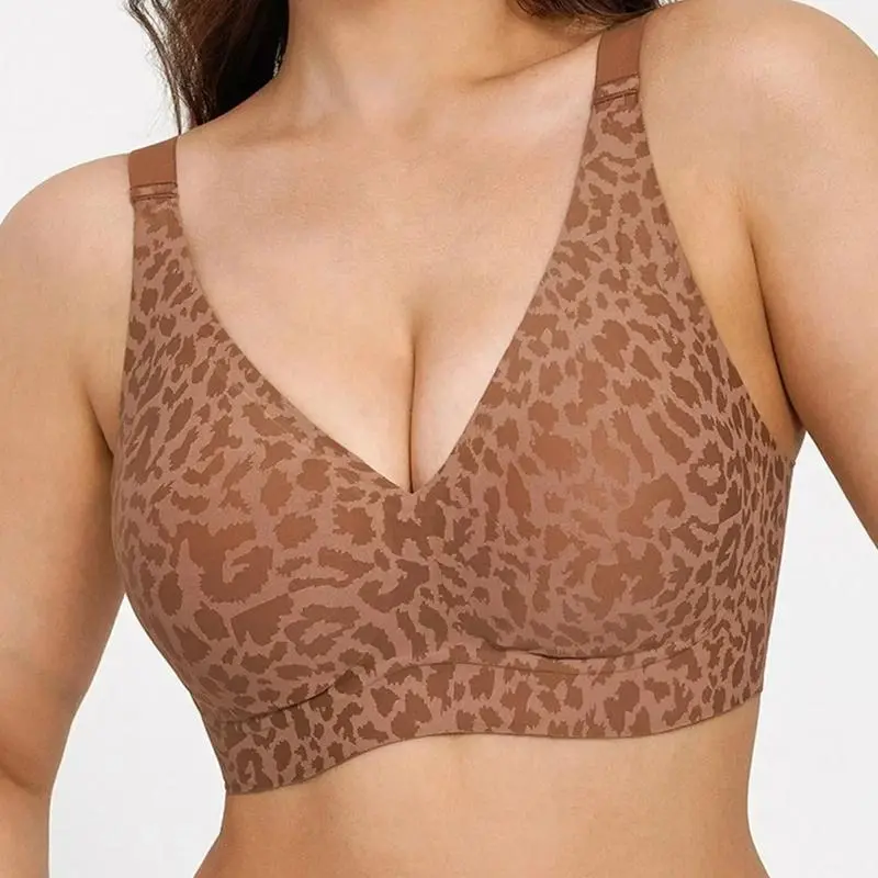 Wireless No Underwire Leopard Print Jelly Bra Everyday Comfort Push Up Seamless T-Shirt Bra
