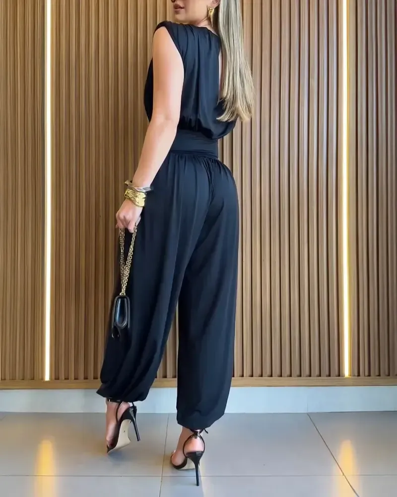 Women's Padded Shoulders Sleeveless Cinched Basque Waist Side High Slit Overalls Casual