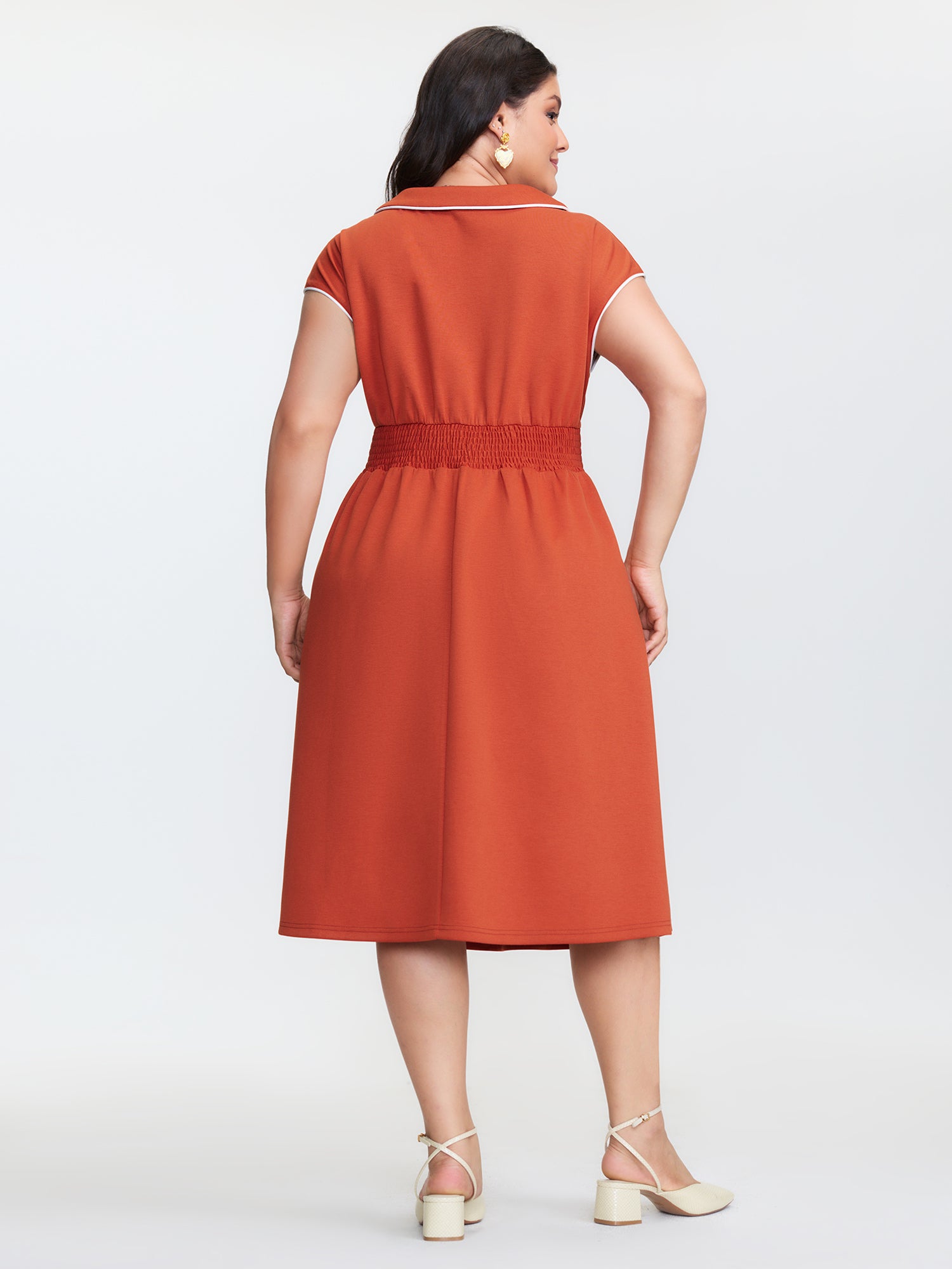 Butterfly Neckline Pockets Shirred Back Midi Dress