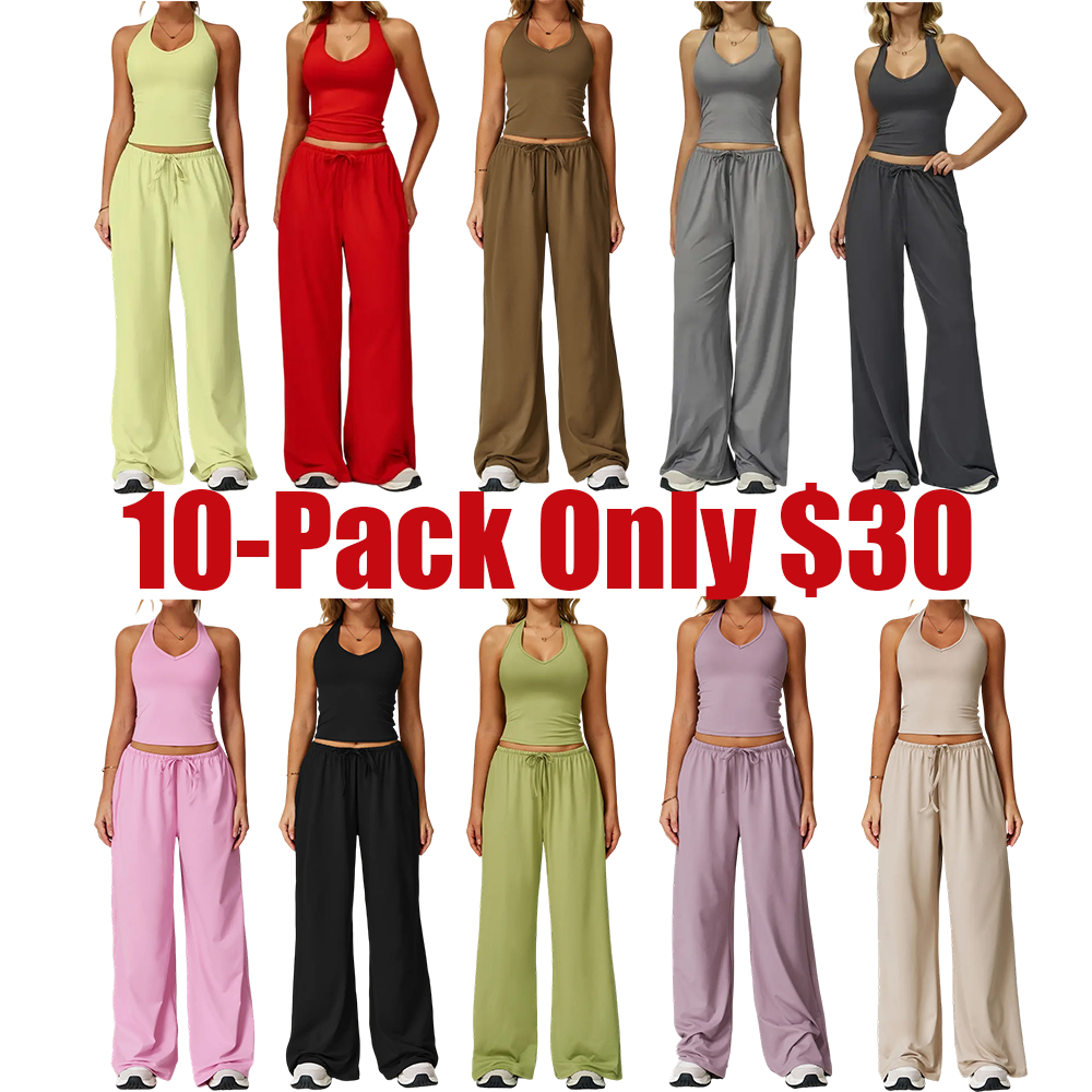 Mother's Day Gifts, Matching Sets Women 2 Piece Sets Summer Casual V Neck Top Wide Leg Pants Womens Holiday Travel Wear Fabric Breathable Summer Casual Clothing Sportswear Gym Sets Casual Loose Long Pant