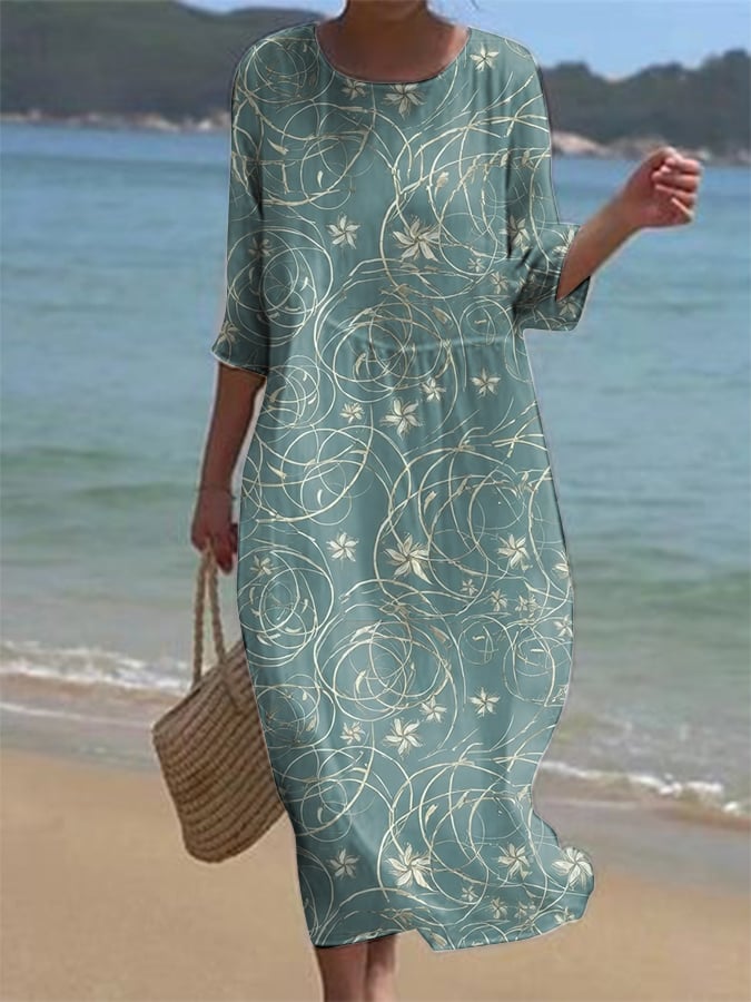 Women's Casual Round Neck Mid-Sleeve Floral Print Cotton Linen Dress- Fast Shipping