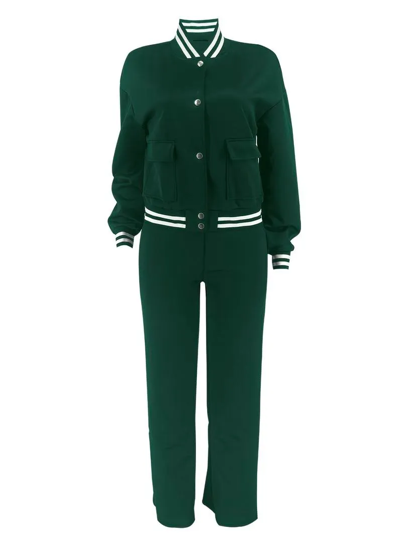 Women's Casual Baseball Jacket, Solid Color Sports Wear, Pocket Sportswear