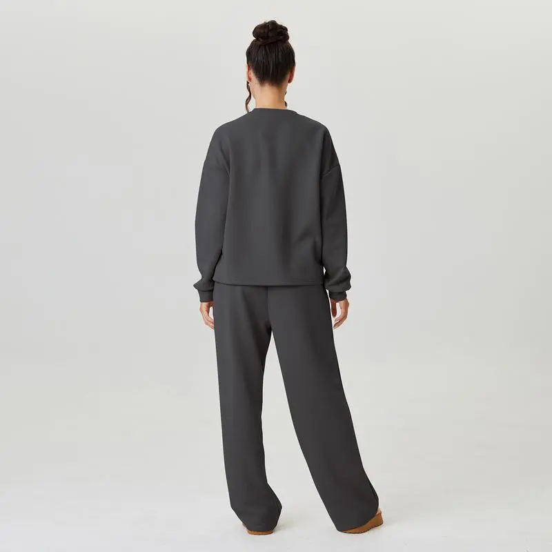 Women's Casual Solid Color Loose Long Sleeve Top & Exposed Stitches Trousers Co-ord