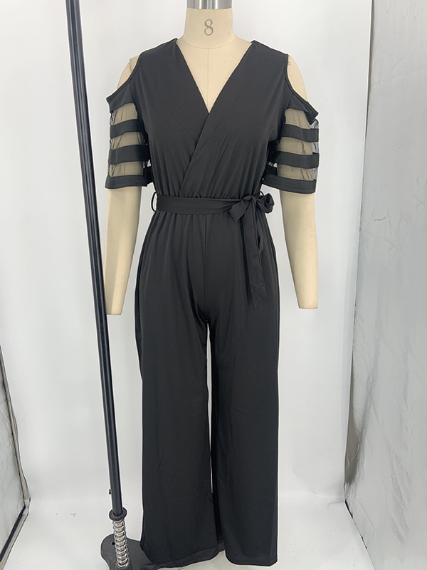 Hollow Mesh Solid Color Tied Waist High Waisted Loose V-Neck Jumpsuits