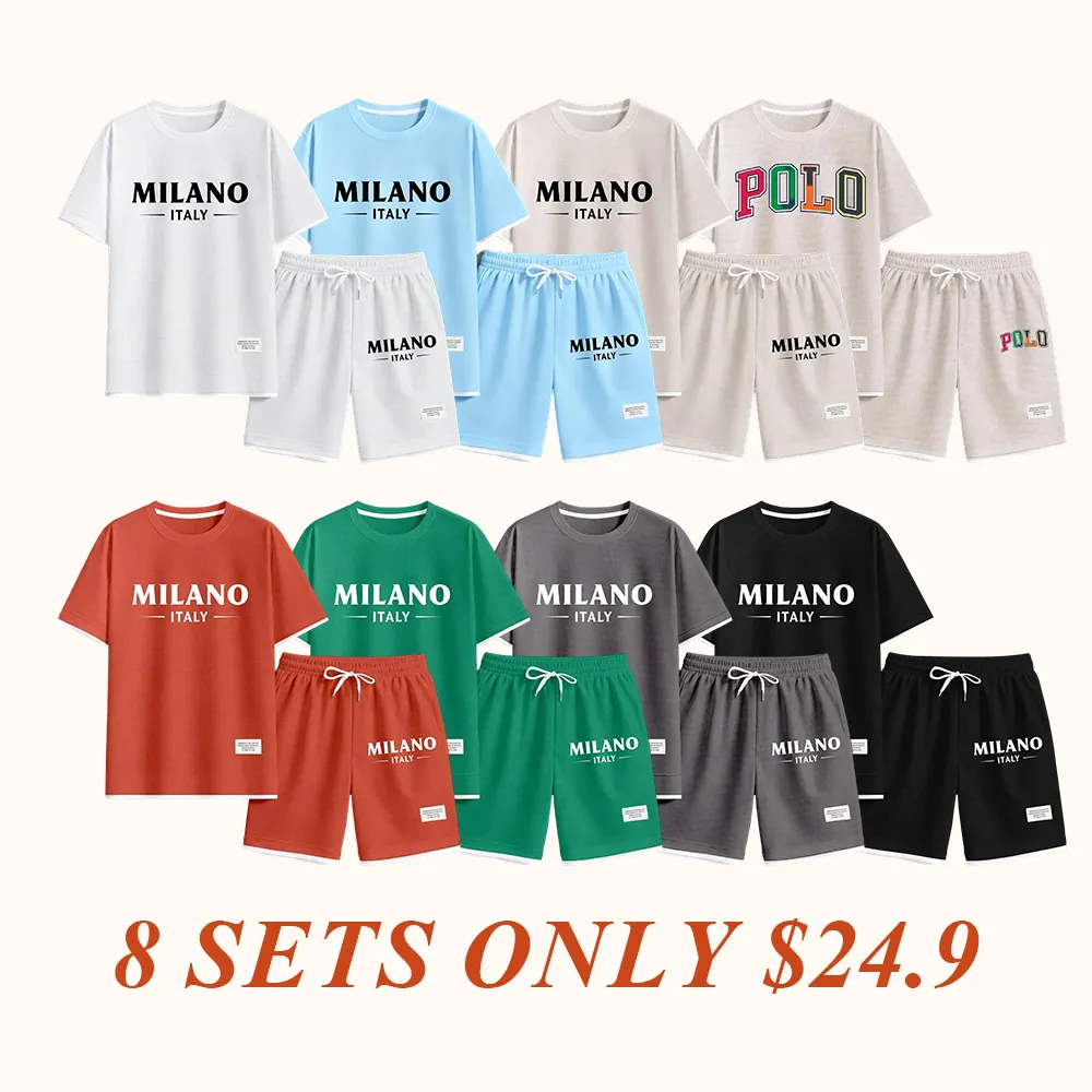 Men's Polo Print Drawstring Shorts Set For Spring/Summer. A Casual Summer Outfit, Including A Short-Sleeved Shirt And Shorts