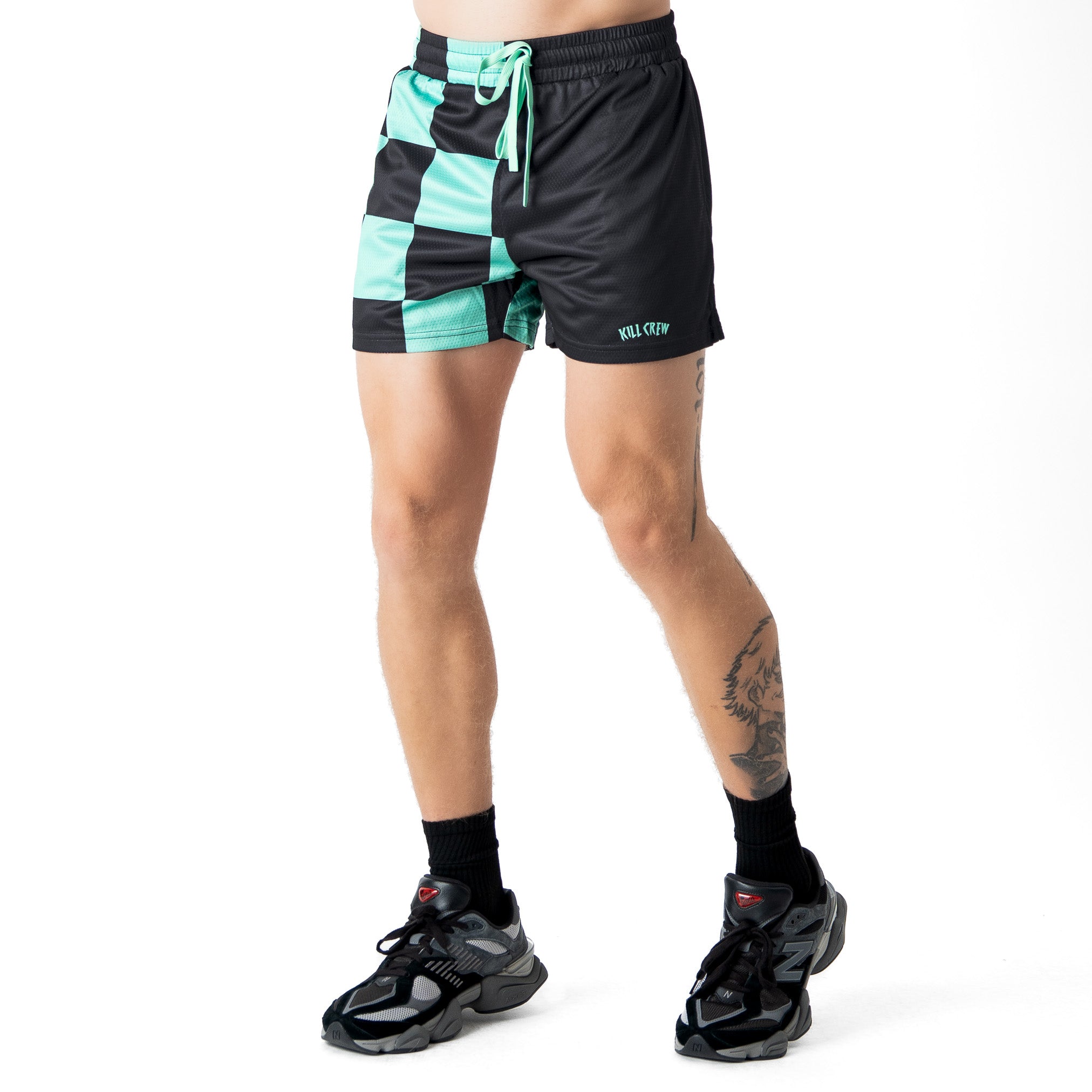 MUAY THAI SHORTS (MID THIGH CUT) CHECKER - BLACK / MINT
