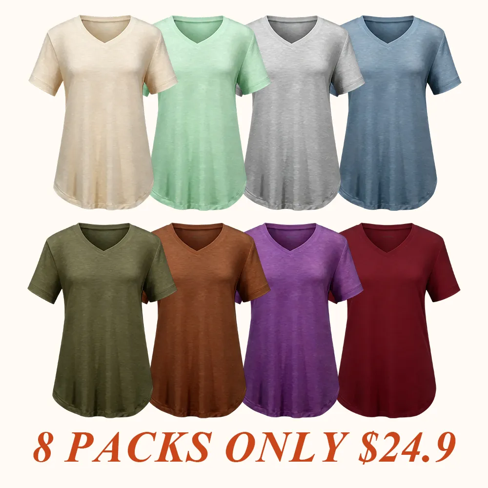 Short Sleeve Shirts for Women Casual V-Neck Plain Tees, Various Color Combinations