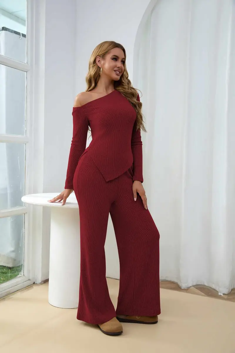Chic Sherpa Set for Women Asymmetric Shoulder Top & High Waist Wide Leg Pants