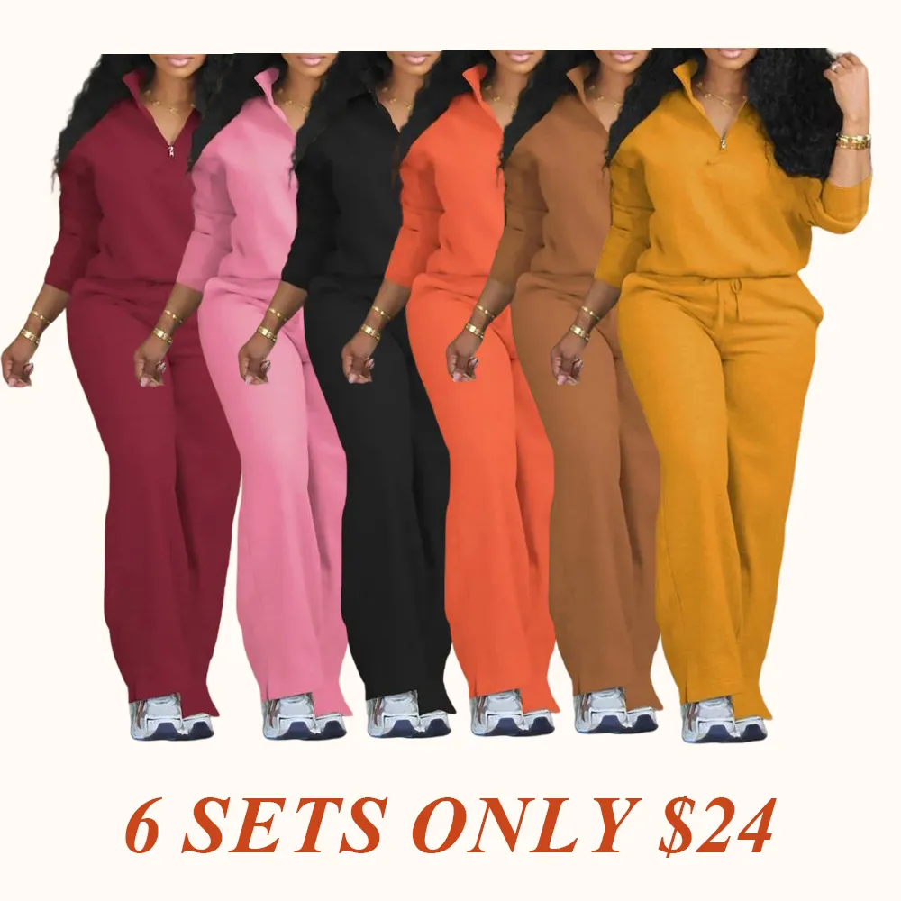 Women's Solid Half Placket Split Hem Pants Set