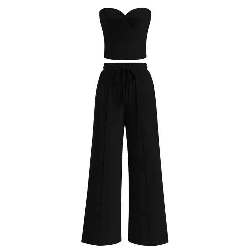 Two-Piece Sets For Women Summer Ribbed Strapless Twist Knot Tube Top Pants Set