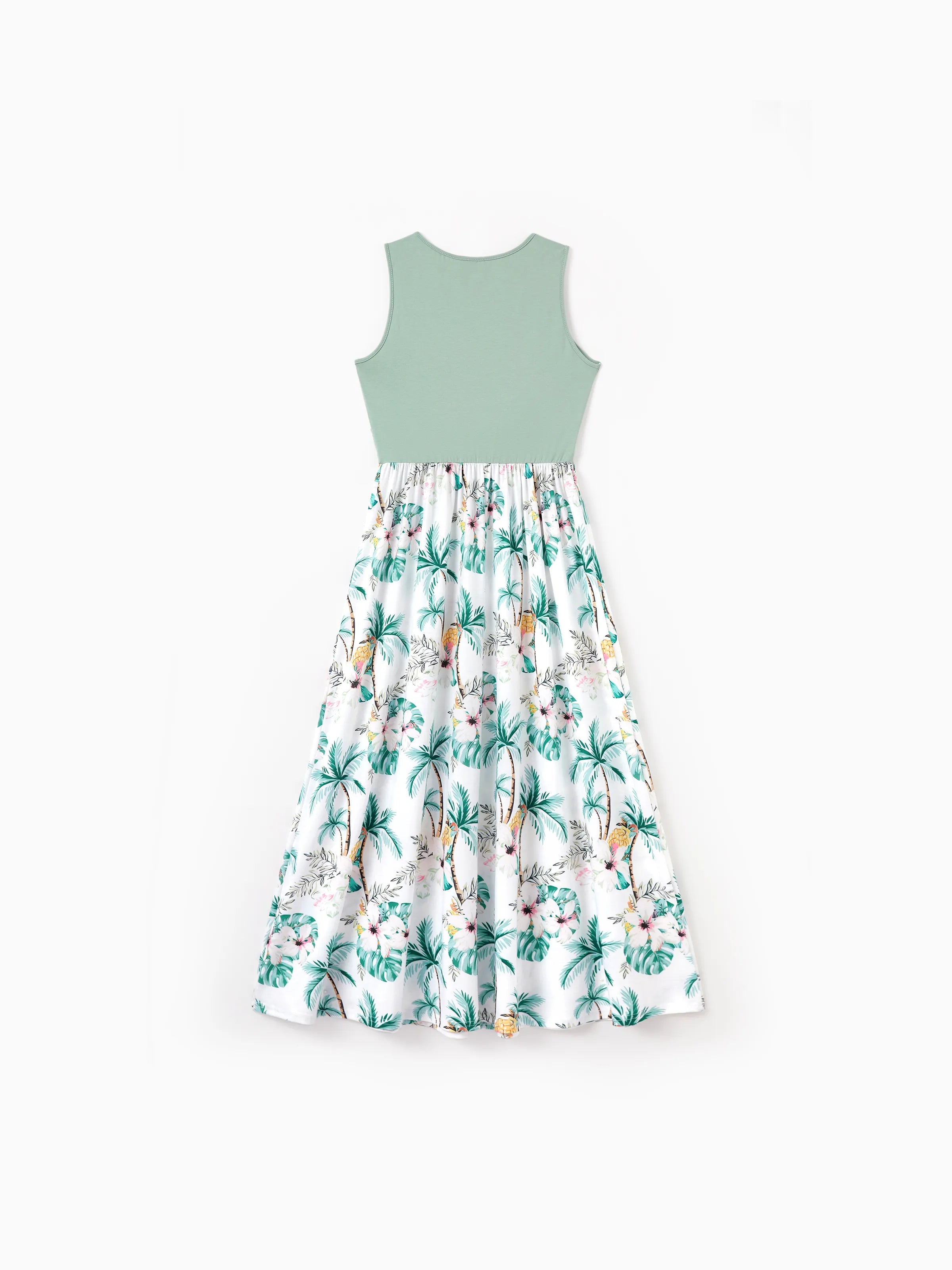 Family Matching Tropical Print Outfits Mommy & Me Tank Dress & Dad/Kids Cotton T-Shirt Set
 Green