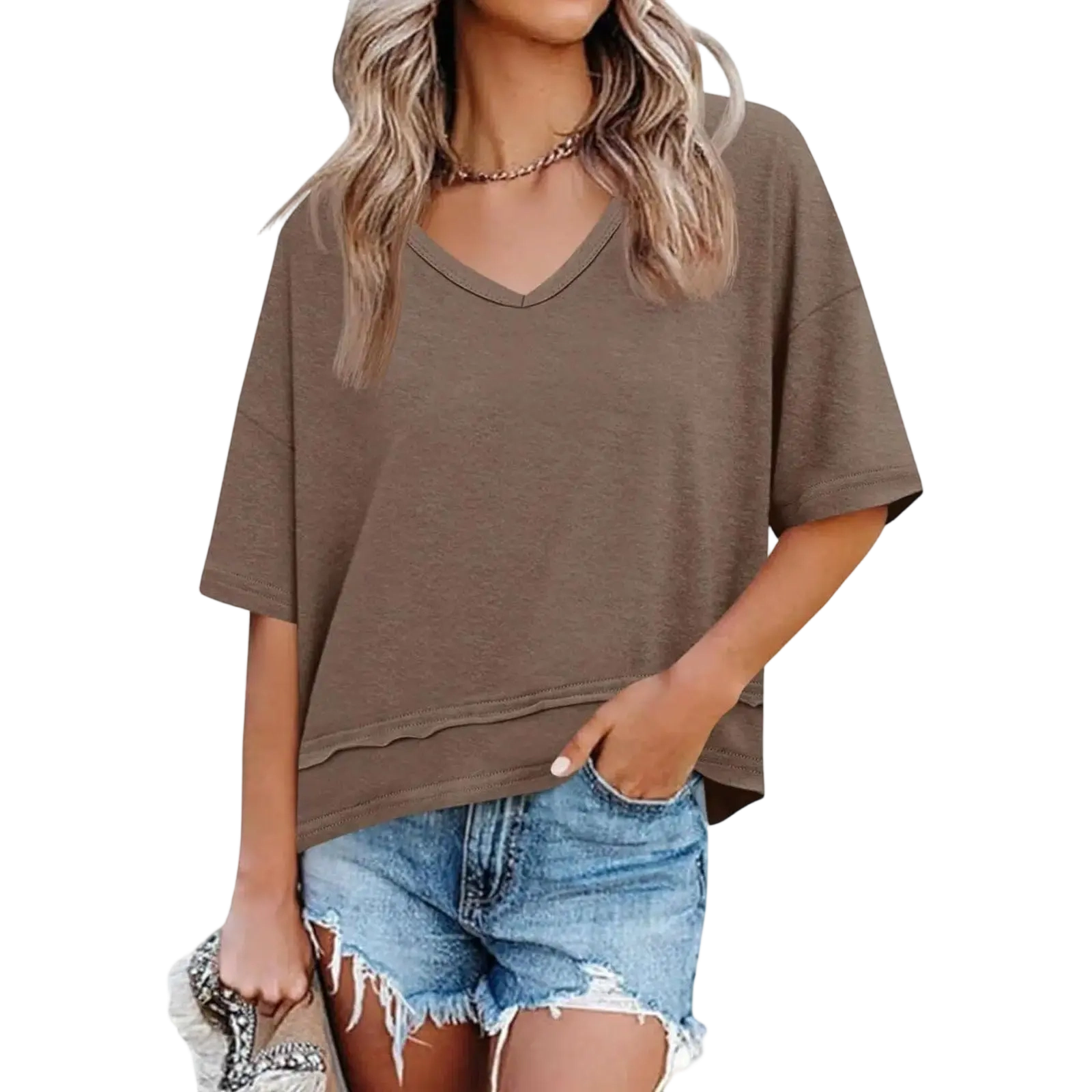 Women's Summer V-Neck T-Shirt — Casual Short-Sleeve Flowy Top | Cute, Loose-Fit Basic Tee