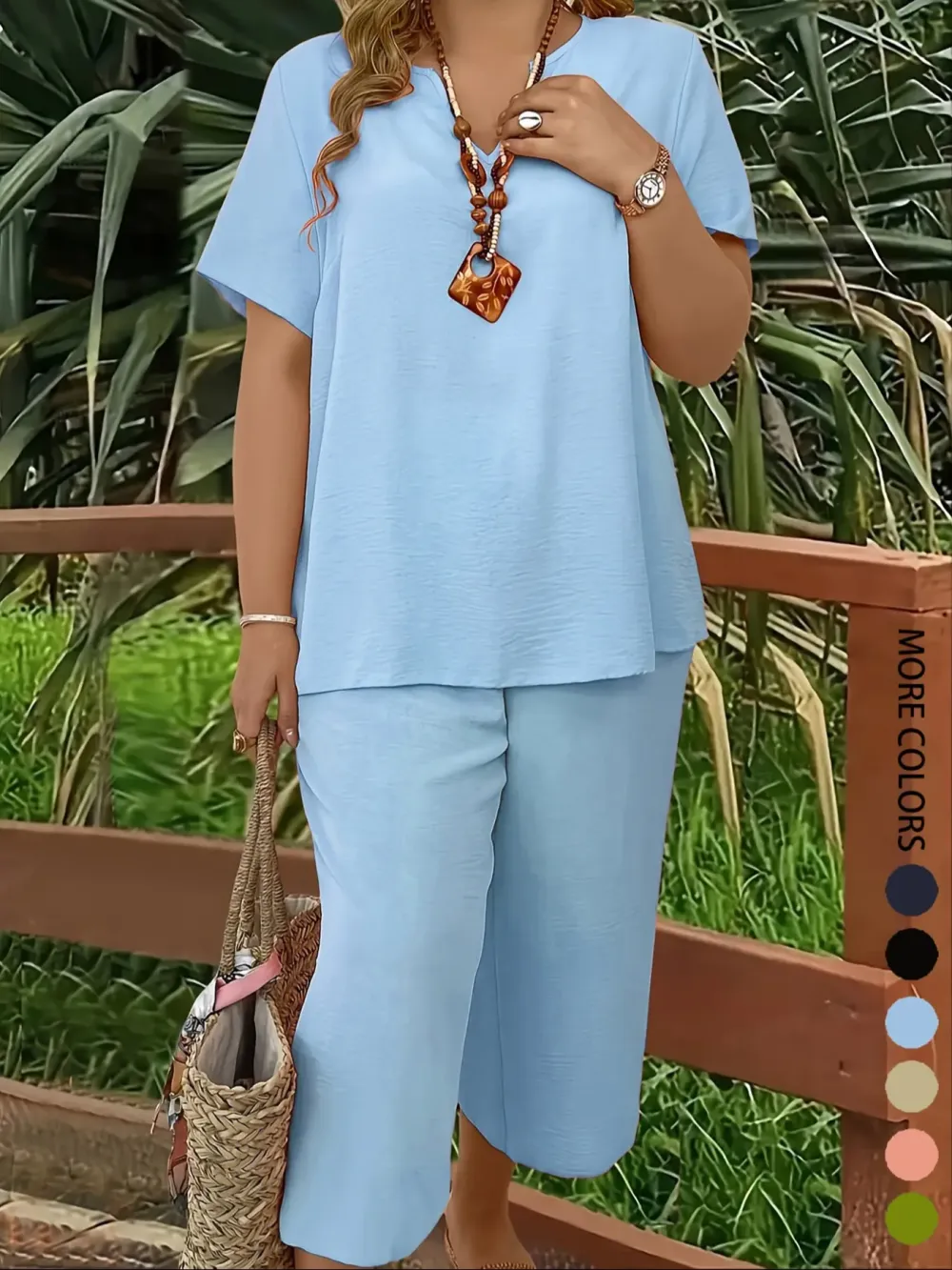 Elegant Plus-Size Women's Set: Solid-Color Short-Sleeve Fashion Top & Casual Wide-Leg Pants