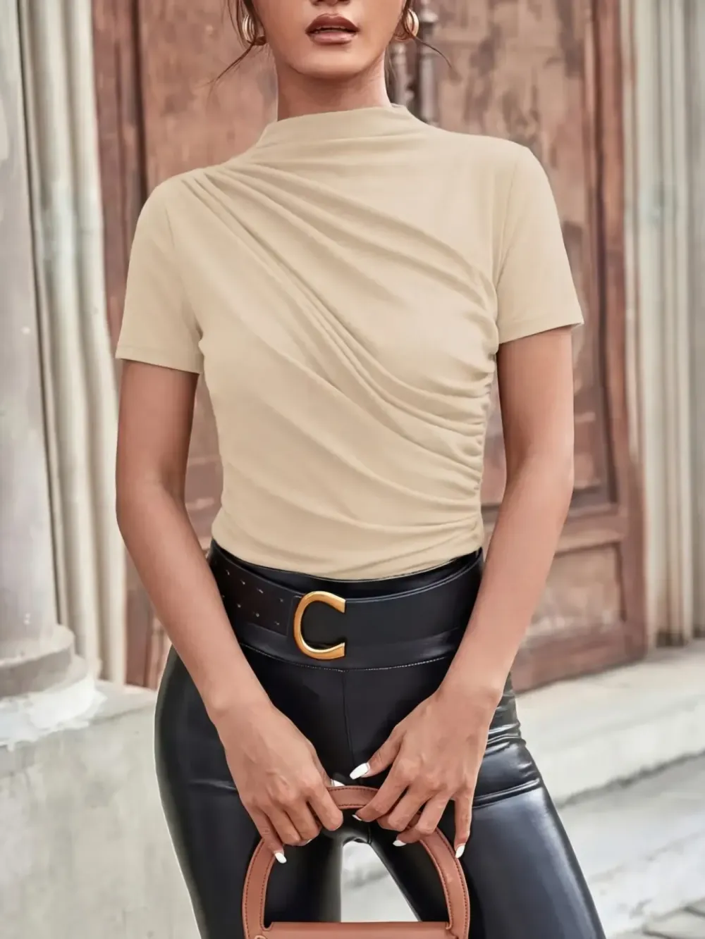 Women's Slim Fit Ruched Asymmetrical Top, High Neck Short Sleeve Knit T-Shirt, Casual Plain Design