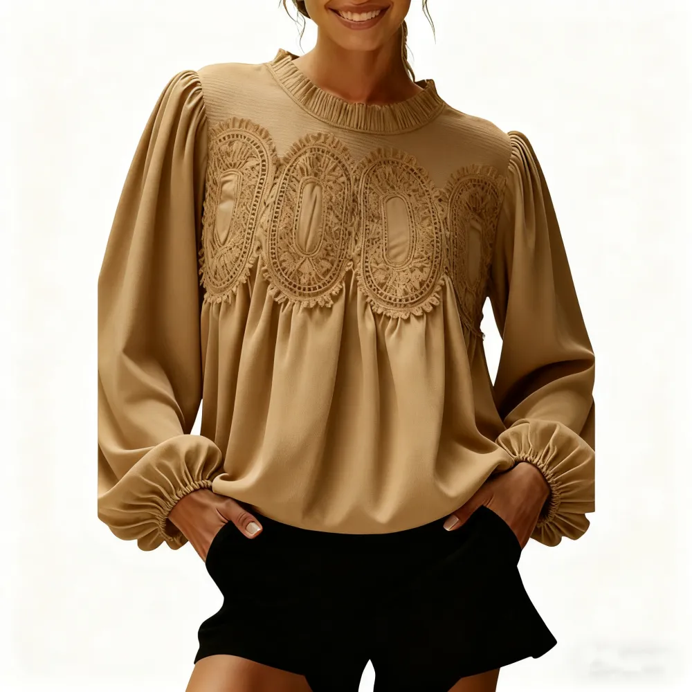 Women's Elegant Long-Sleeve Lace Velvet-Trim Swing Blouse
