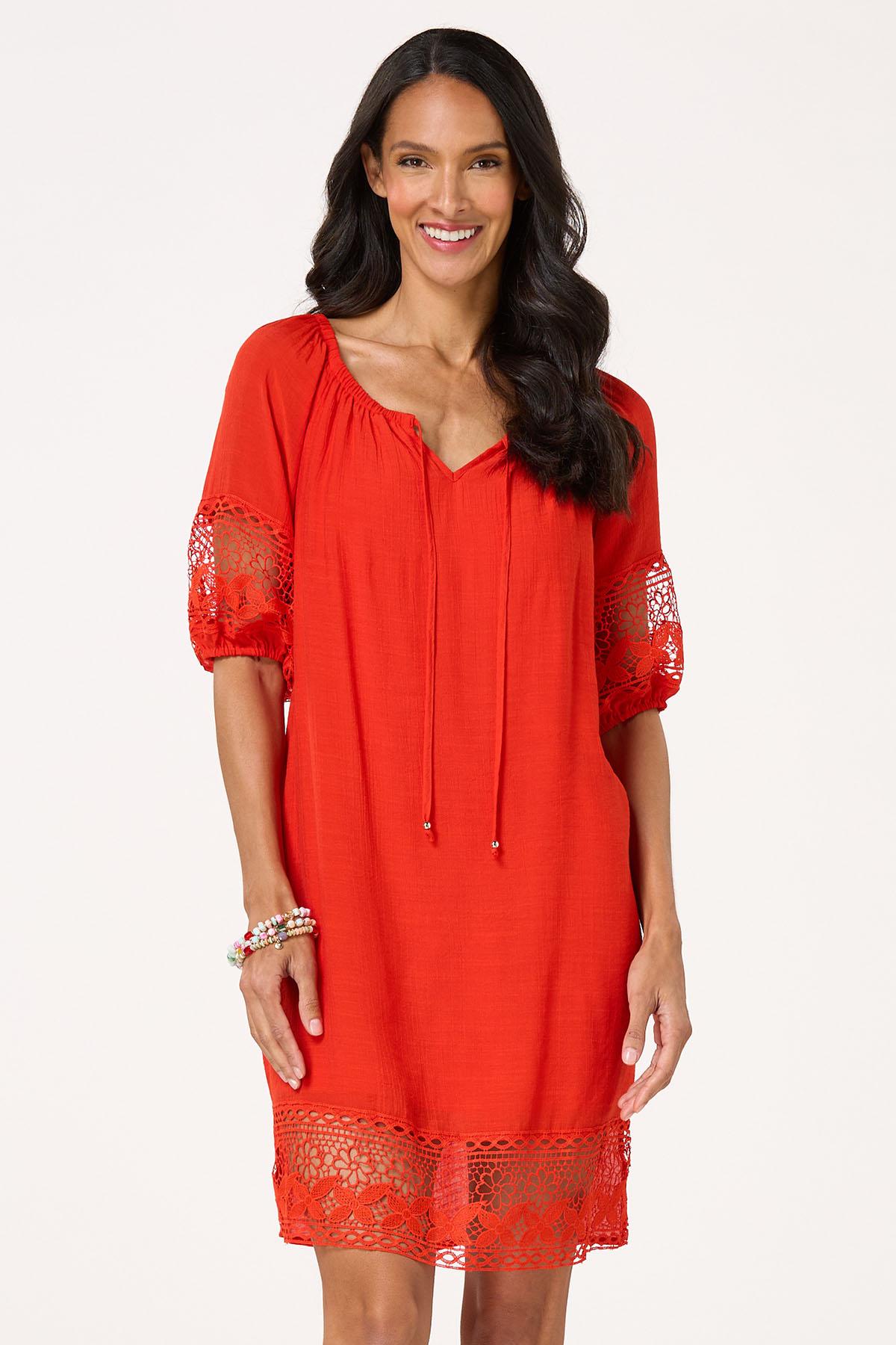 Crepe Lace Trim Swing Dress