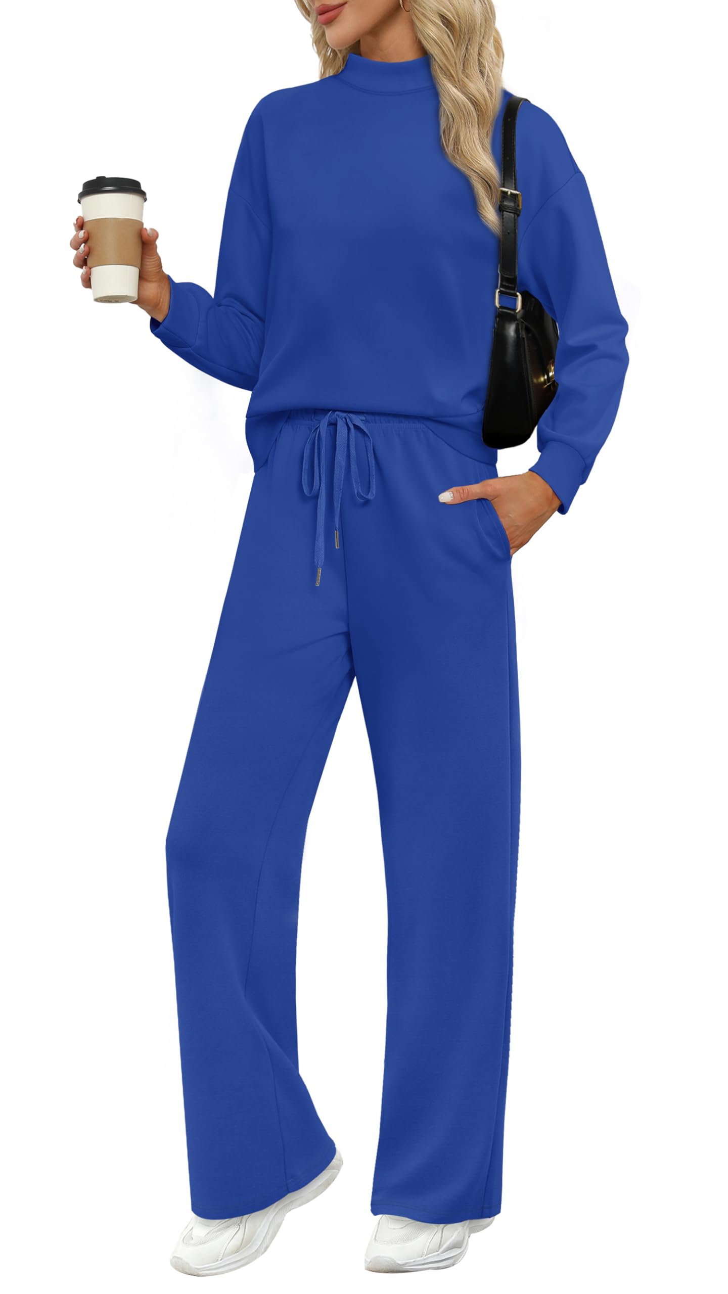 WIHOLL Two Piece Sets for Women Fall Outfits Lounge Sets Mock Neck Tops Wide Leg Pants Vacation Travel Airport Outfits