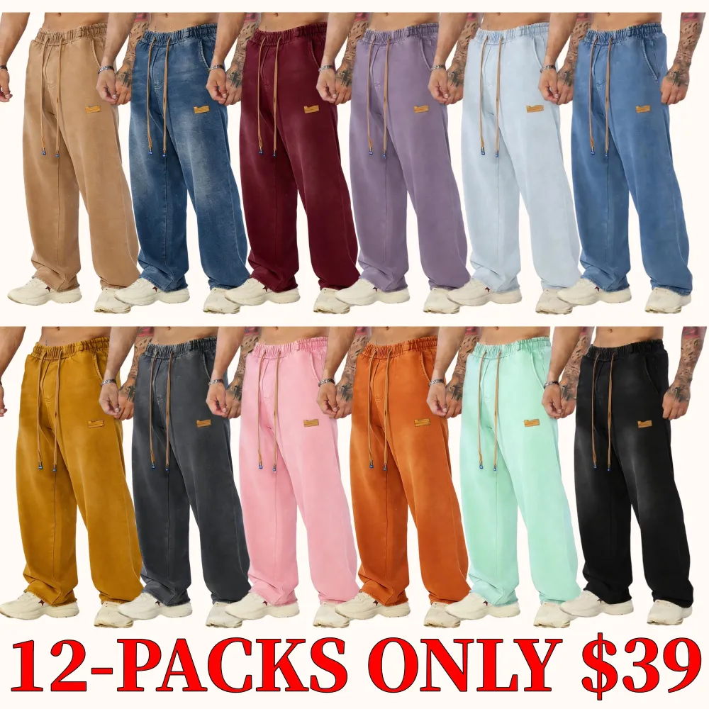 Men's straight leg jeans, casual drawstring elastic waistband