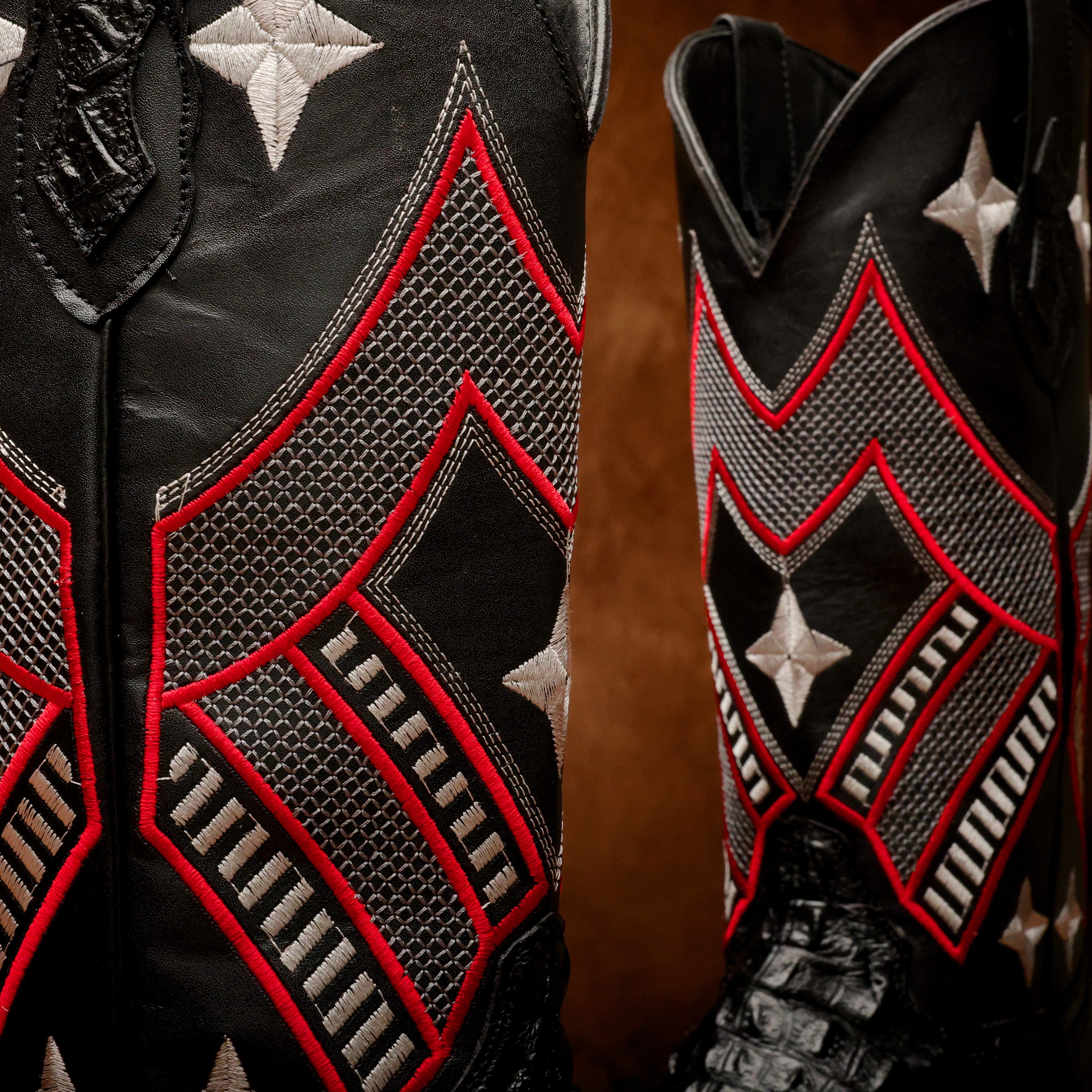 Black Caiman Neck Leather Boots - Square Toe