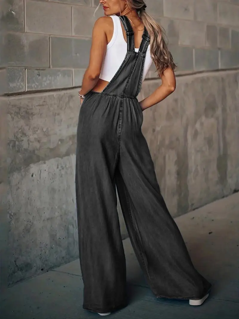 Women's Denim-Effect Print Plicated Wide Leg Overalls Jumpsuit