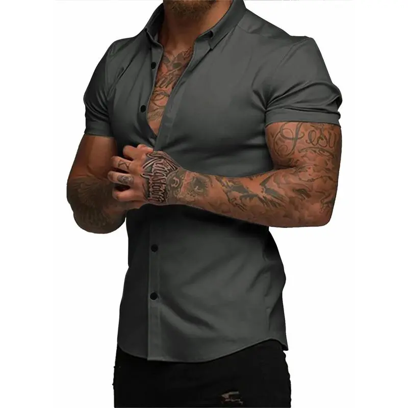 Mens Muscle Fit Dress Shirts Casual Button Down Shirt Short Sleeve Wrinkle-Free Shirts