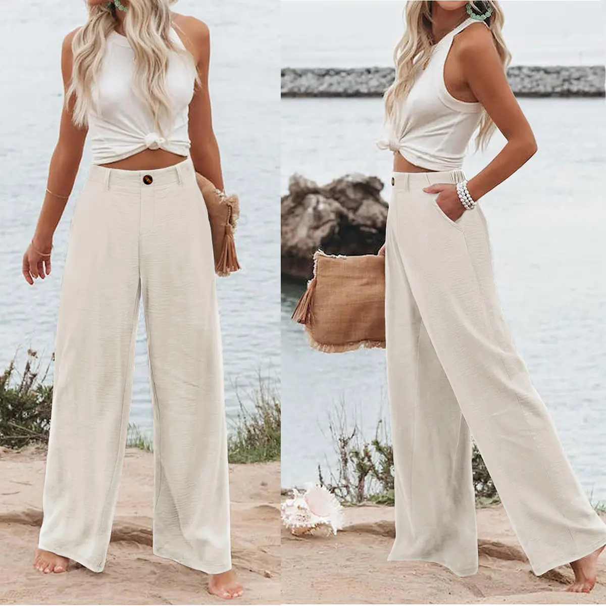 Kingapril Womens Cotton Linen Pants Casual Button Up High Waisted Wide Leg Trousers