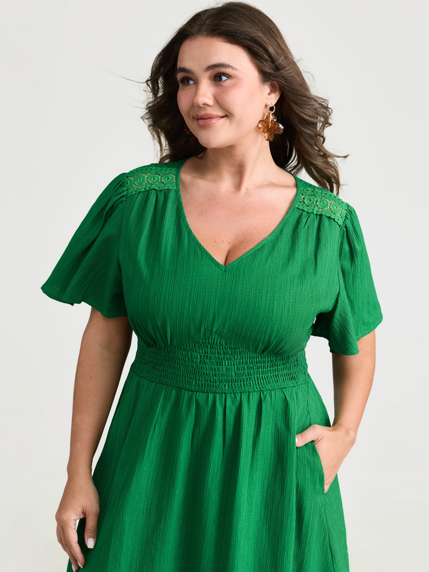 Lace Cut-Out Shirred Solid Maxi Dress