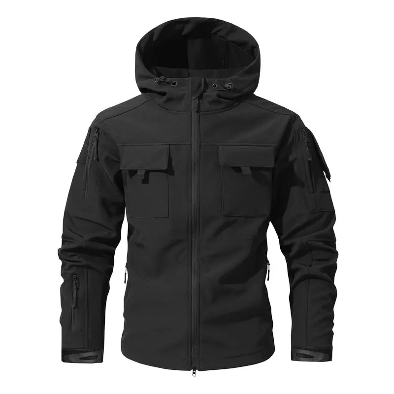 Men's Multi-Pocket Workwear Hooded Jacket, Fleece Waterproof Jacket