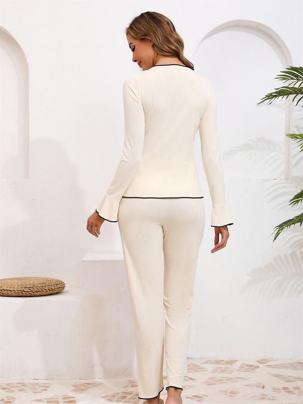 Women's Spring & Fall Ice Silk Pajama Set, Elastic Waist Pants, Casual Home Wear