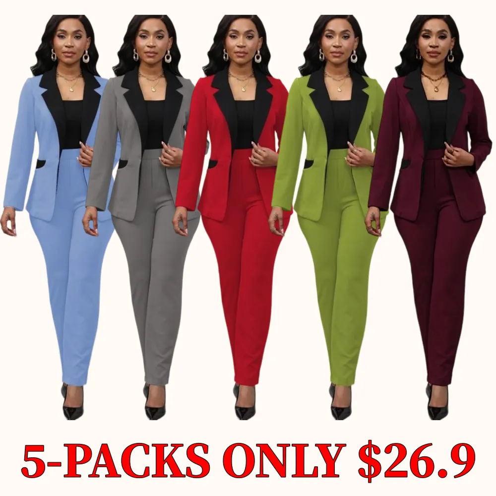 Women's color-block blazer and straight-leg trousers set