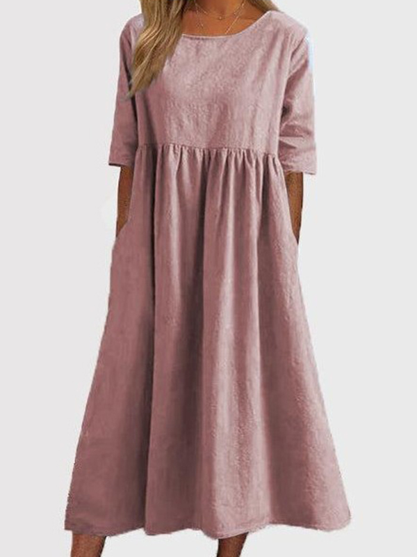 Pleated Pockets Solid Color A-Line Half Sleeves Round-Neck Midi Dresses