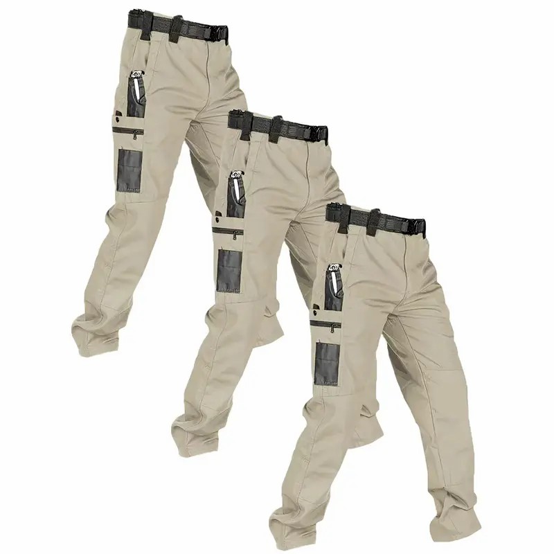 Men's Solid Color Waterproof Tactical Work Pants - 3-Piece Set, Belt-Free, Multi-Pocket, Durable Outdoor Hiking & Casual Pants (Regular Fit)