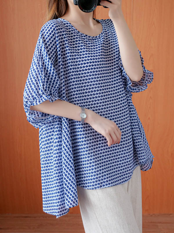 Casual Split-Joint Plaid Round-Neck Batwing Sleeves T-Shirts