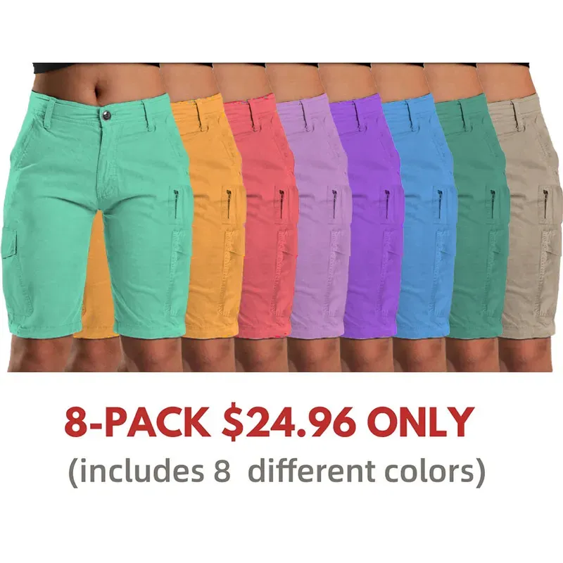 Solid Multi Pocket Mid Rise Bermuda Cargo Shorts