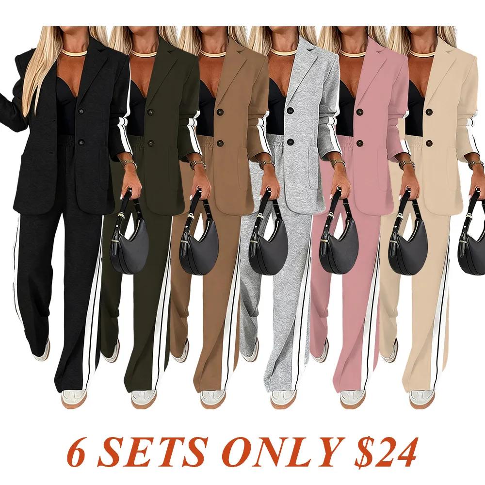 Women's Striped Print Blazer Jacket & Wide Leg Pants Set