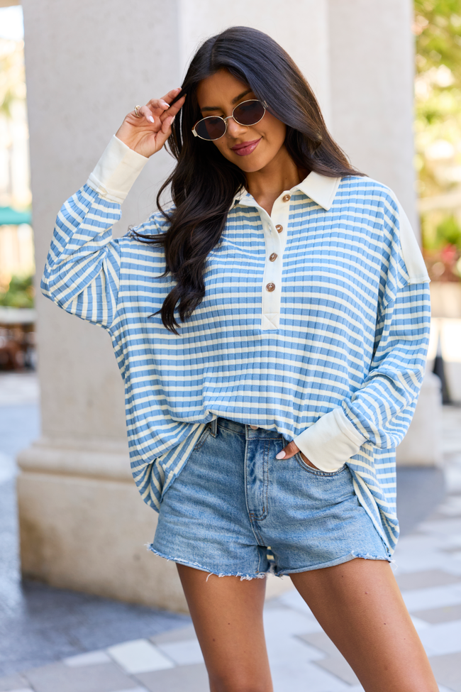 This Is The Life Blue And Ivory Stripe Oversized Henley Top