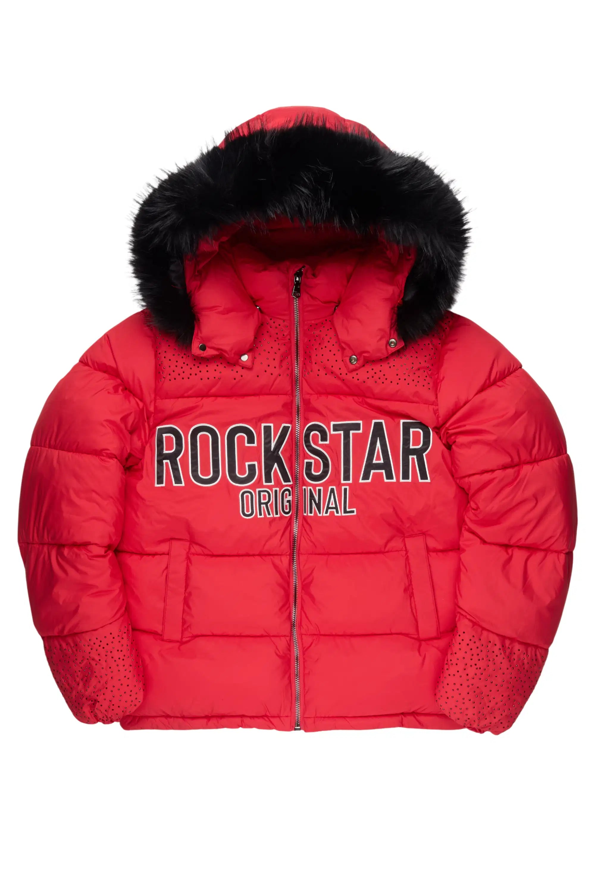 Natia Red Oversized Rhinestone Puffer Jacket