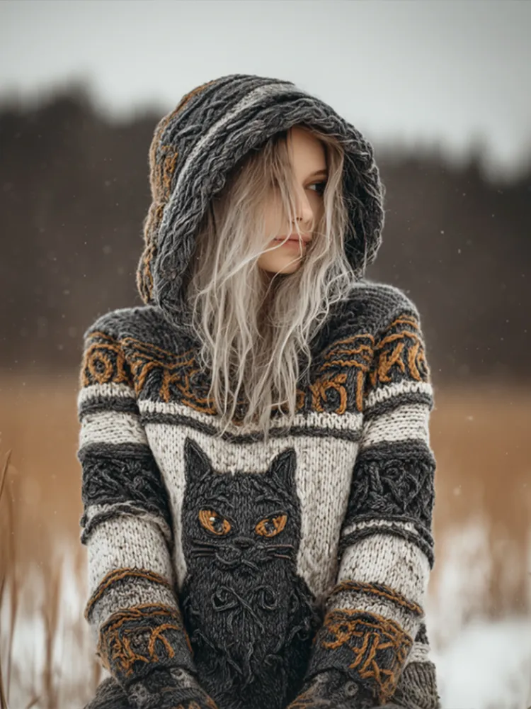 Women's Winter Warm Cat Design Hooded Knitted Sweater