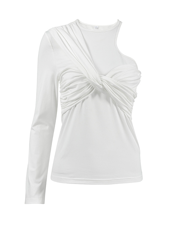 Asymmetric Knot Pleated Solid Color Long Sleeves Skinny Round-Neck T-Shirts Tops