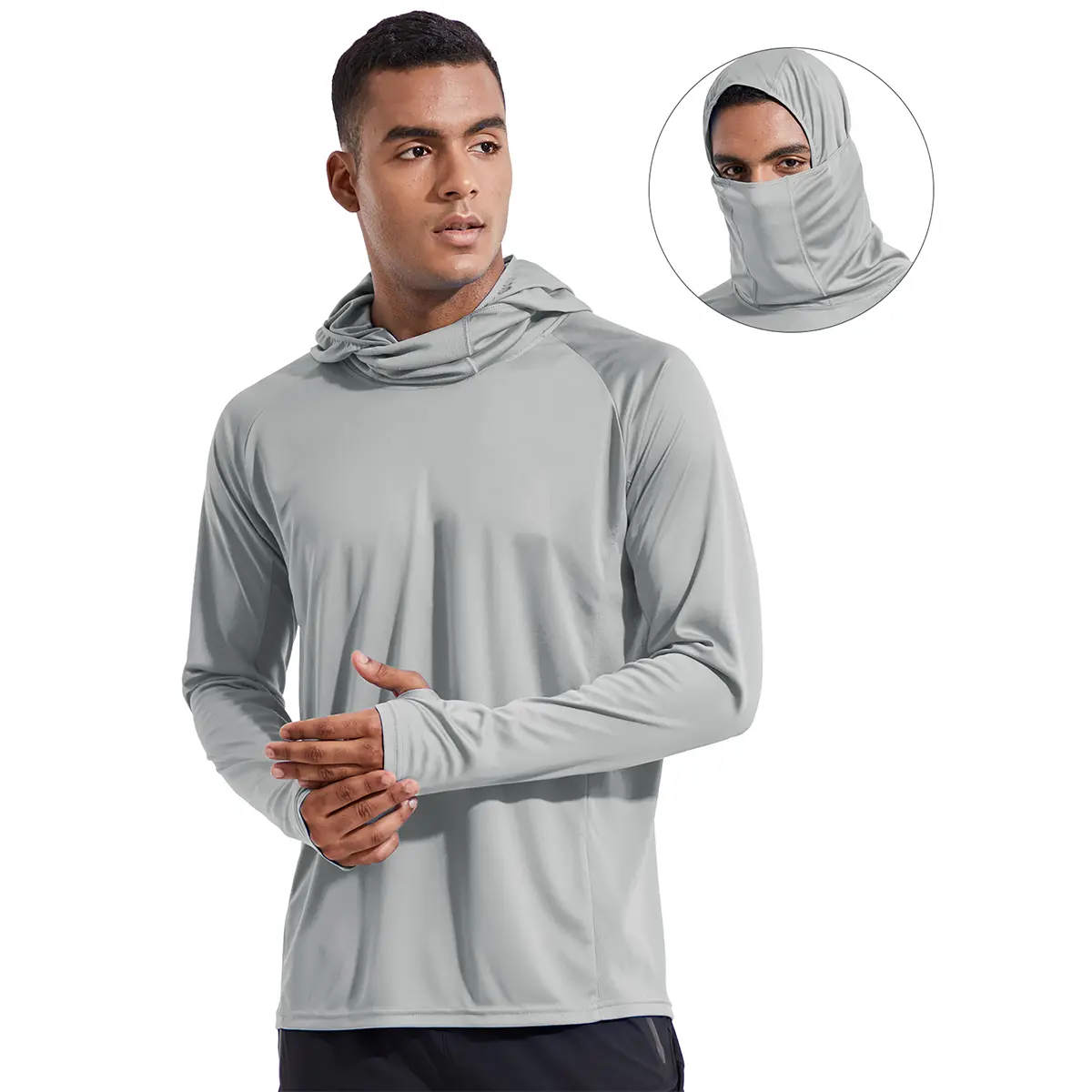 Men Sun Protection Hoodie Face Mask UPF50+ Long Sleeve Thumbholes UV SPF Shirt