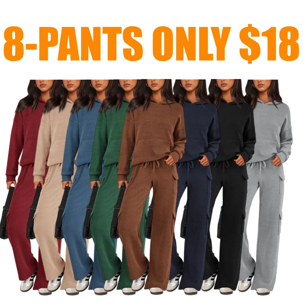 Women’s Casual Knit Tracksuit – Hoodie & Wide Leg Pants with Pockets